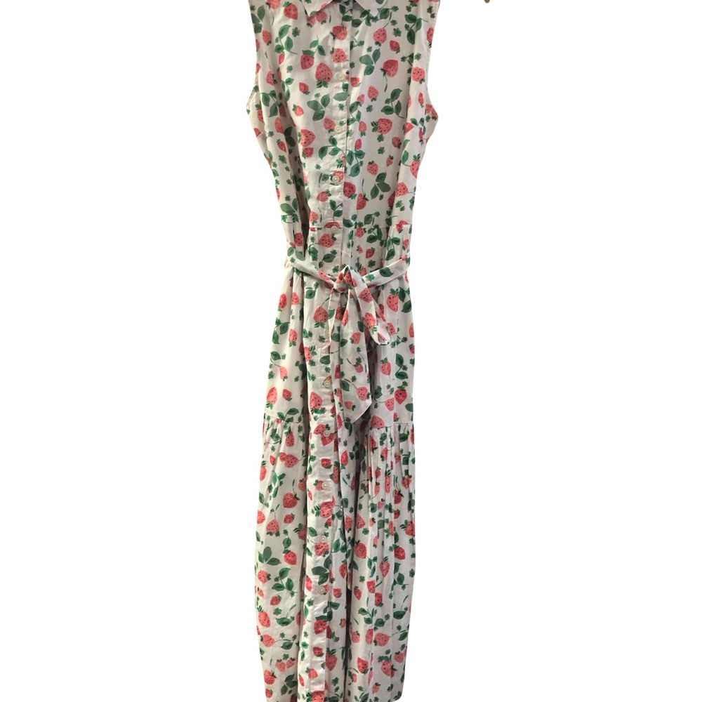 J. Crew White Maxi Dress with Pink and Green Strawberry + Floral Print